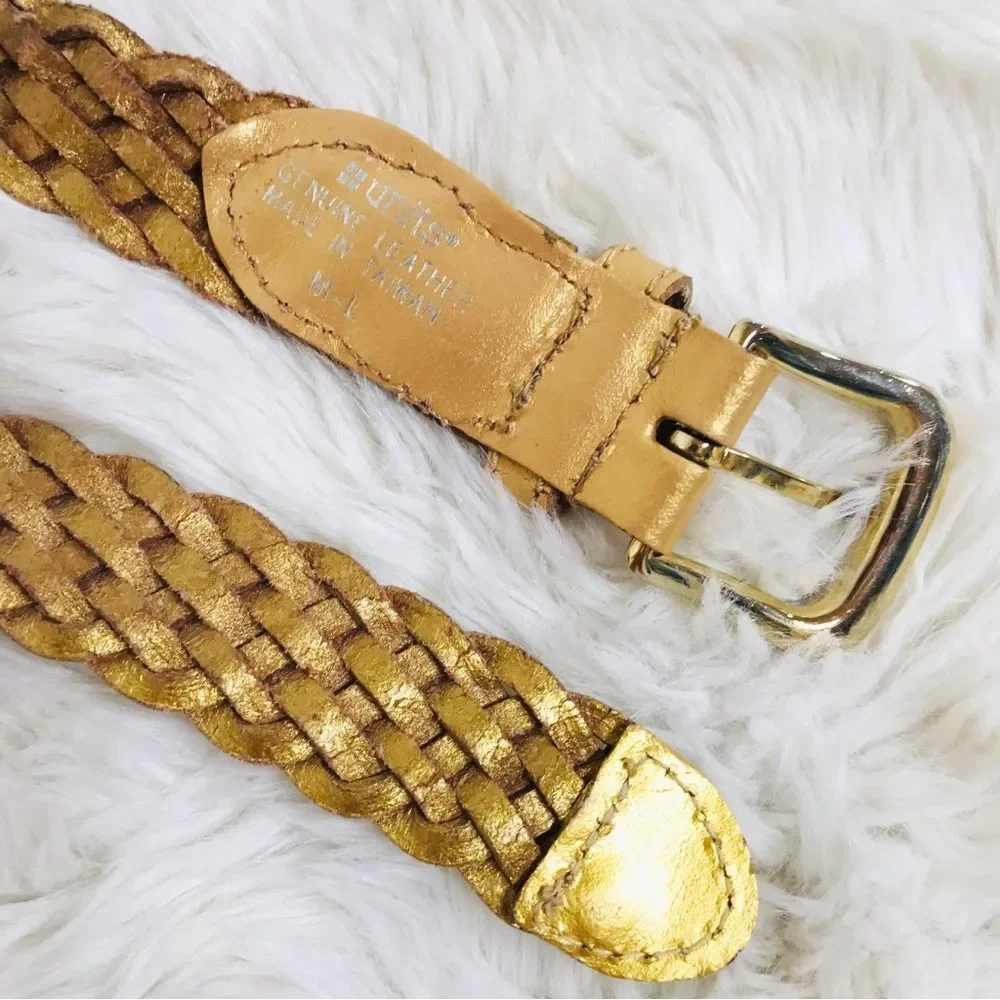 VINTAGE 90s Gold Metallic Woven Leather Belt‎ Braided Y2K Retro Medium Large